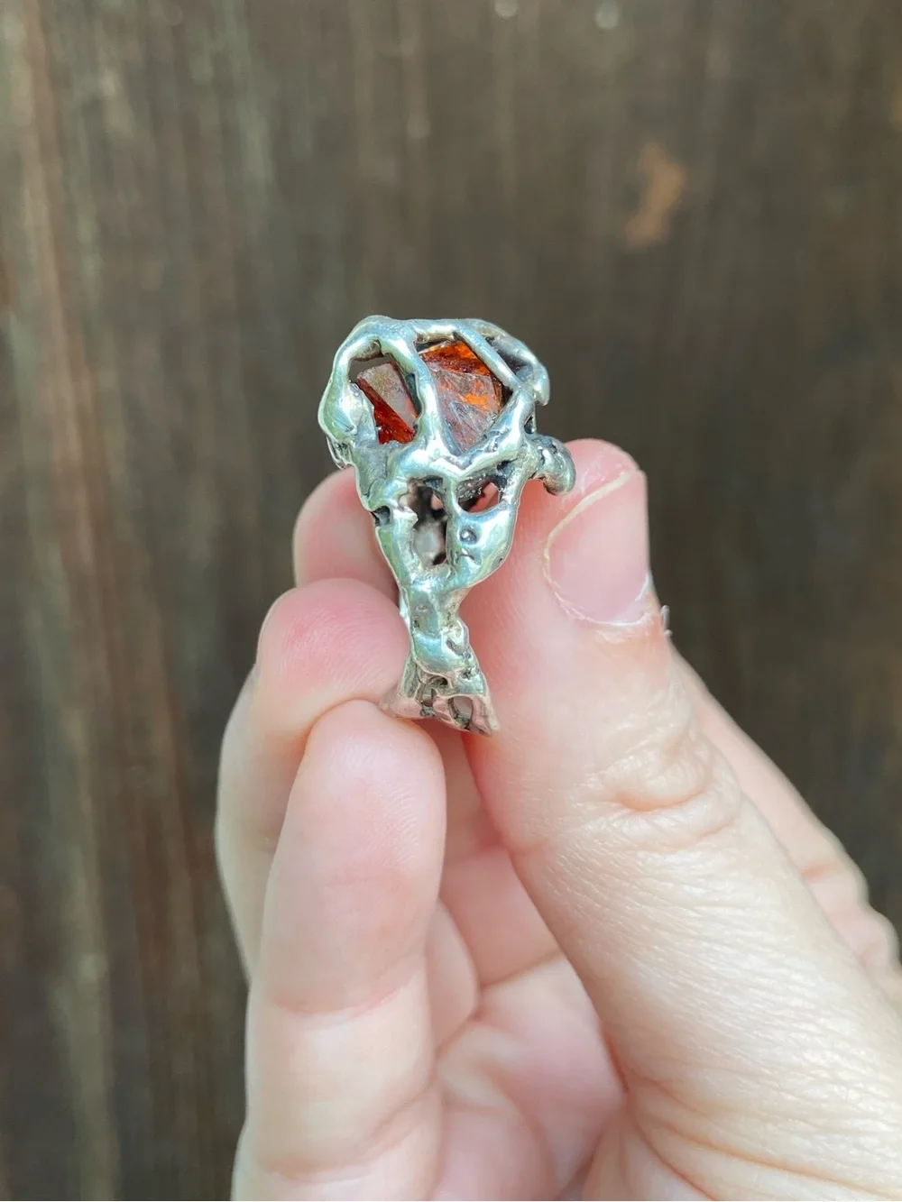 Sterling Silver Amber Brutalist Ring - Vintage